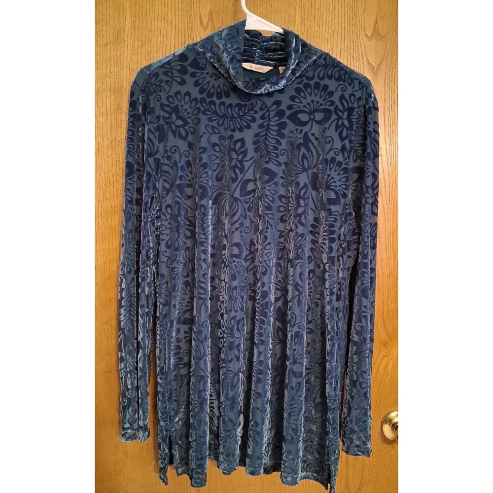 Soft Surroundings Teal Blue XL Floral Velvet Burnout Turtleneck Tunic Rhinestone